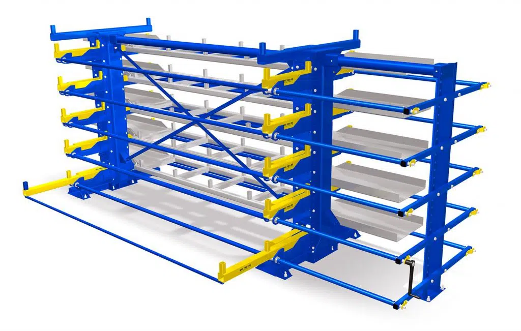Roll out cantilever racking otherwise known as crank out racking example photo with drawer pulled out