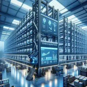 Embracing the Future Cantilever Rack's Innovative Approach' as an image. Imagine a modern, futuristic warehouse.